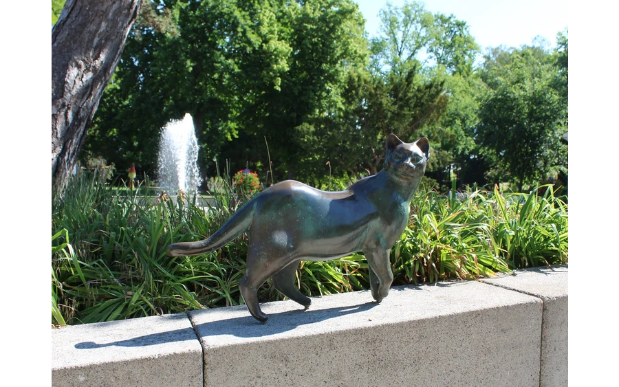 In der Nähe des Gradierwerks im Kurpark Bad Sassendorf befindet sich diese Bronzeskulptur einer Katze, gegenüber befindet sich eine weitere, die sich zu belauern scheinen. Neben den Katzen gibt es noch viele weitere Skulpturen im Kurpark Bad Sassendorf.
